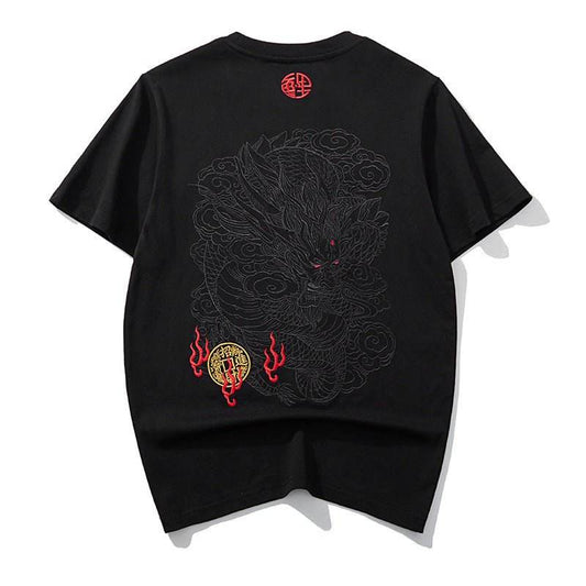 Black thread embroidery dragon pattern short sleeved T-shirt | MuddyStock Originals MuddyStock