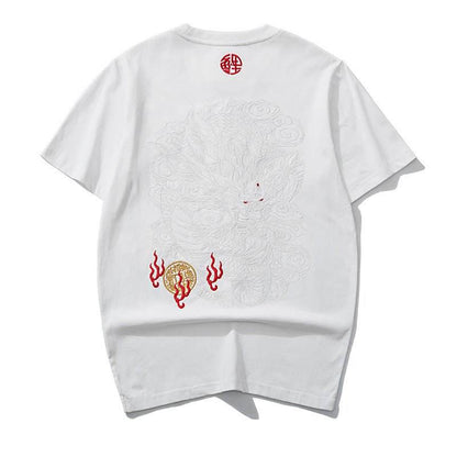 Black thread embroidery dragon pattern short sleeved T-shirt | MuddyStock Originals white MuddyStock