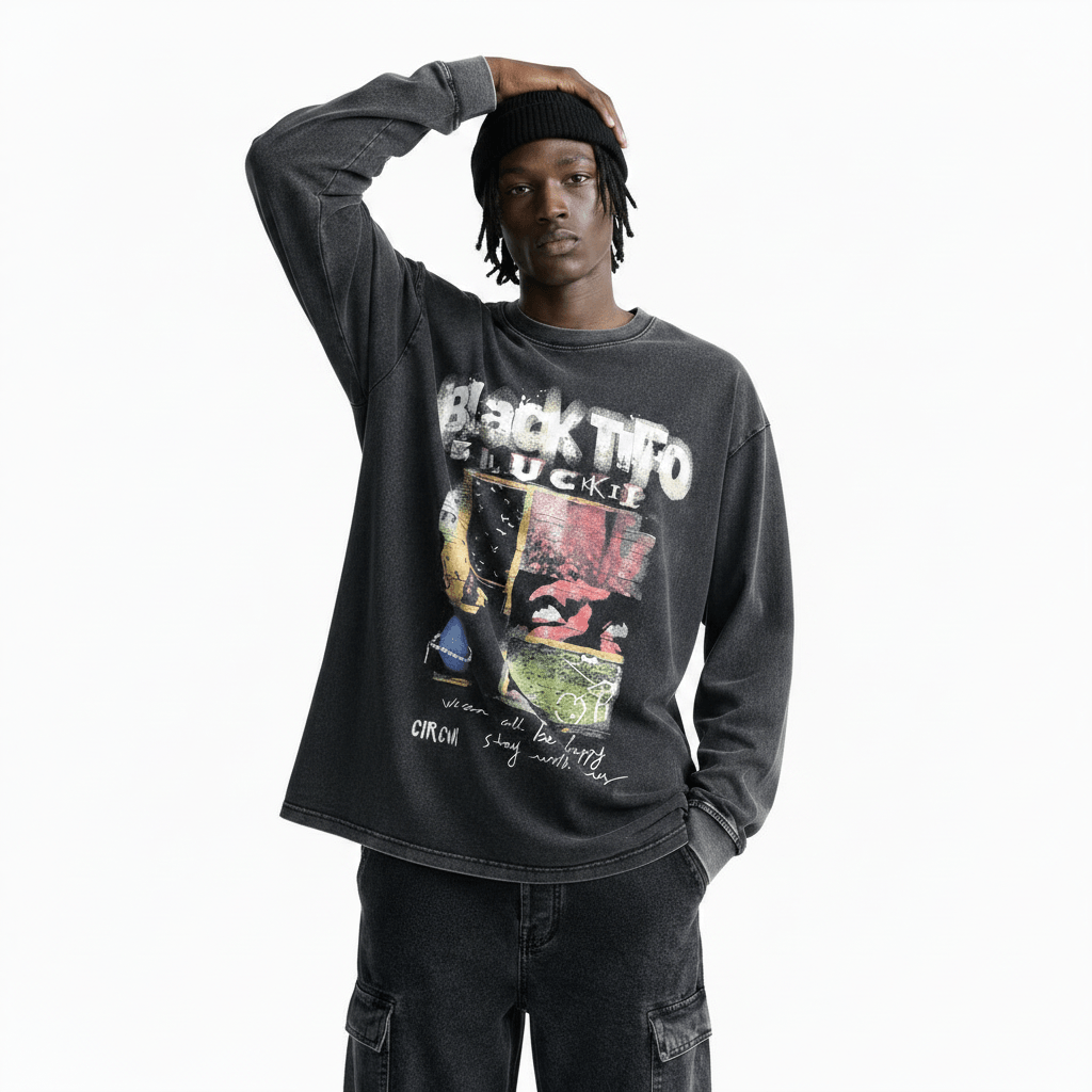 Letter Washed Old Long-sleeved T-shirt For Men null
