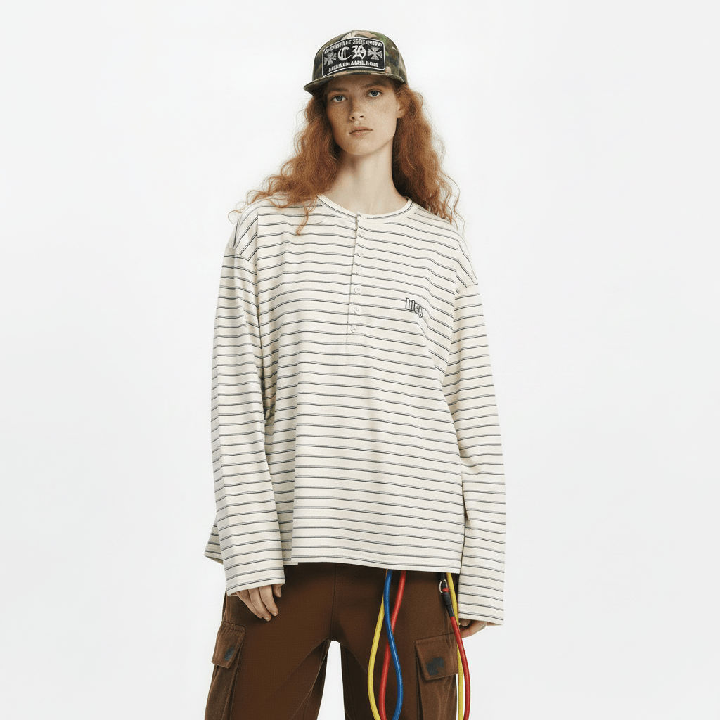 American Retro Women's Striped Long Sleeve Button T-shirt null