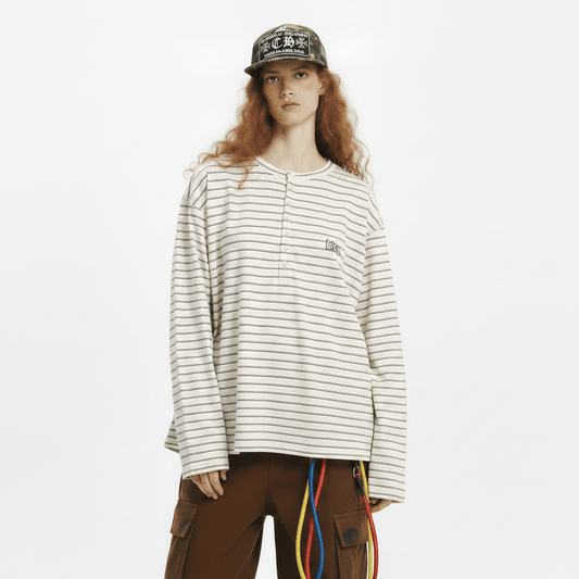 American Retro Women's Striped Long Sleeve Button T-shirt null