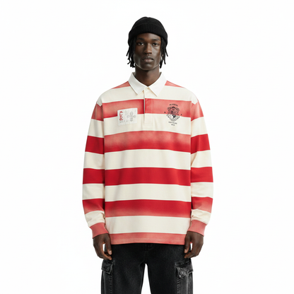 Distressed Printed Color-block Stripe Casual Loose Long Sleeve Polo T-shirt | MuddyStock Originals
