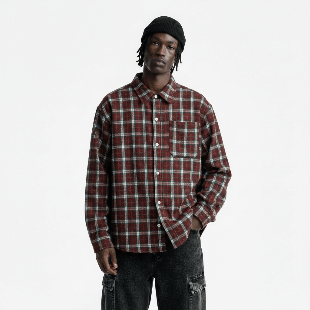 Collar contrasting plaid long sleeved loose shirt for men | MuddyStock Originals