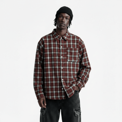 Collar contrasting plaid long sleeved loose shirt for men | MuddyStock Originals