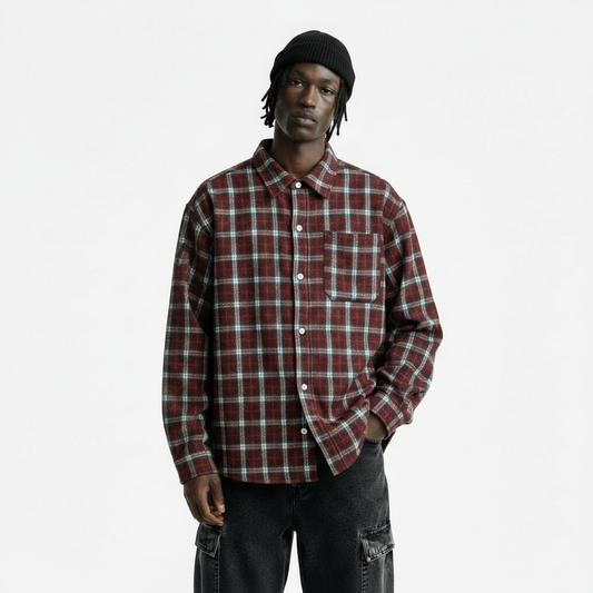 Collar contrasting plaid long sleeved loose shirt for men | MuddyStock Originals