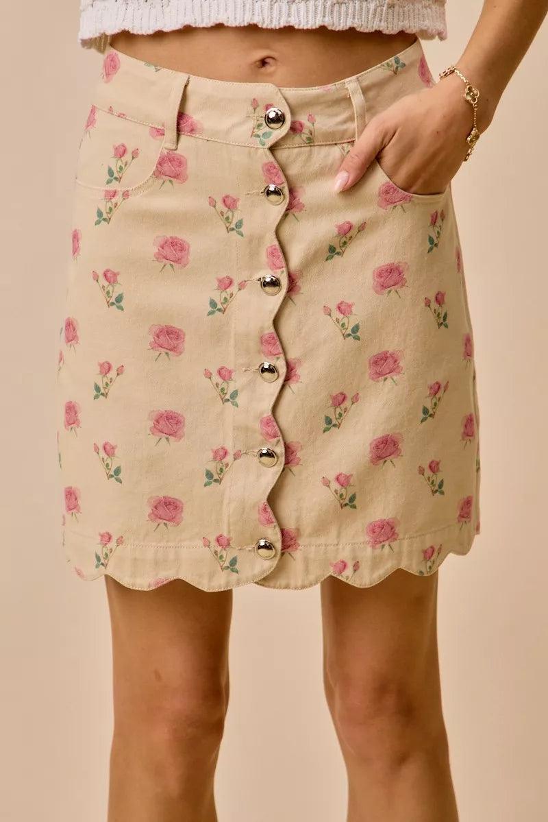 Floral Rose Print Cotton Twill Scallop Mini Skirt IVORY PINK