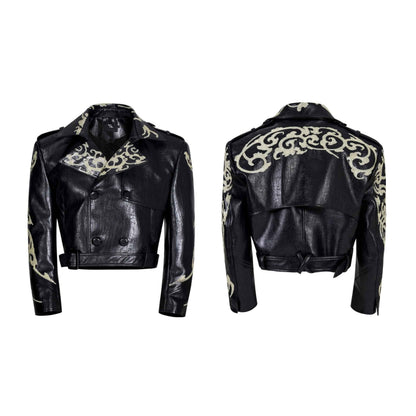 Sequins Cropped Leather Coat For Men And Women Black null