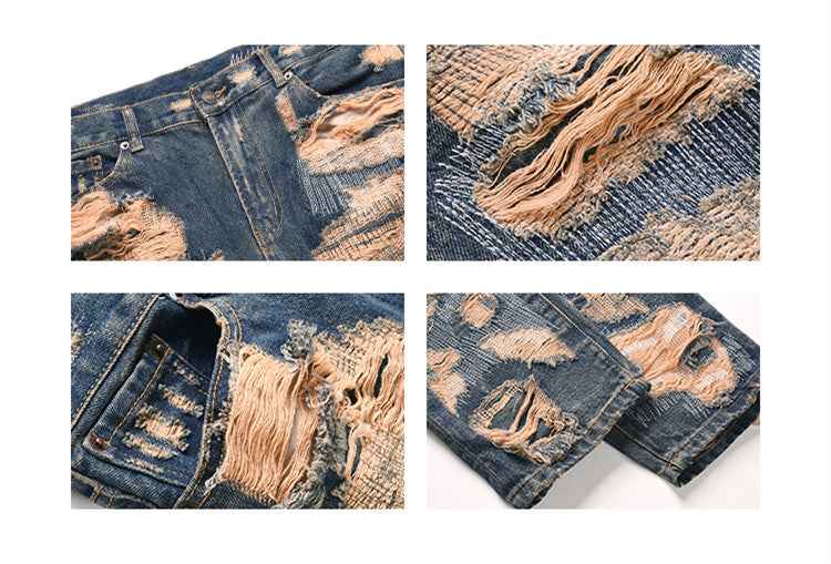 High Street Retro Washed Straight Hole Blasted Street Jeans For Men