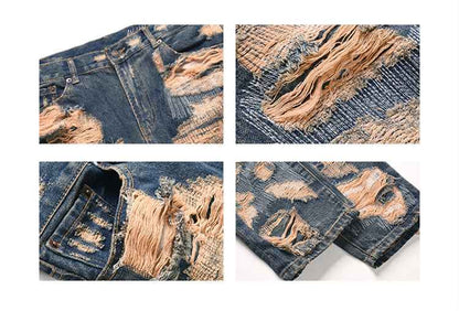 High Street Retro Washed Straight Hole Blasted Street Jeans For Men