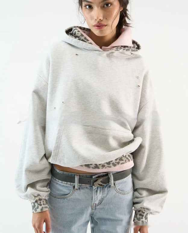 Hoodie With Fake Two-piece Design For Women White Flower Gray MuddyStock