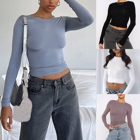 Women's Clothing Fashion Slim Long-sleeved Pullovers Tops Solid Causal Fit Shirts MuddyStock