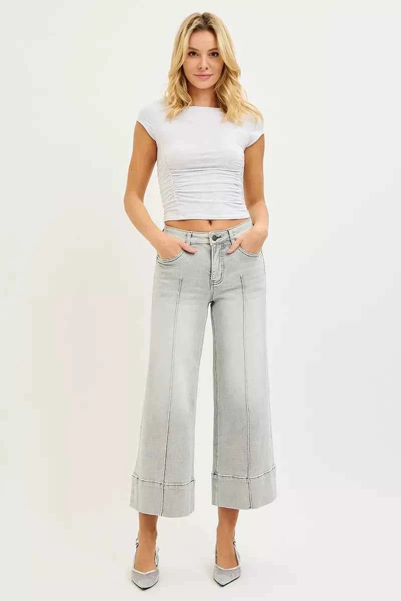 RISEN Mid Rise Crop Wide Pintuck Jeans For Women Trendsi