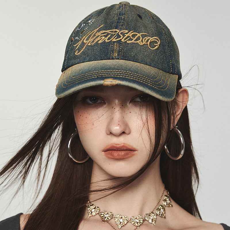 Denim Retro Sunshade Embroidered Hot Diamond Baseball Cap MuddyStock