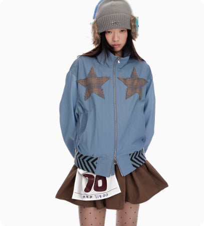 Stand Up Collar Splicing Double Zipper Women's Jacket Grayish blue
