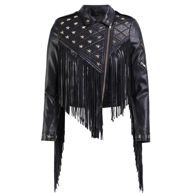 Women's Leather Stud Star Short Lapel Jacket Black