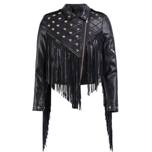 Women's Leather Stud Star Short Lapel Jacket Black