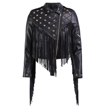 Women's Leather Stud Star Short Lapel Jacket Black