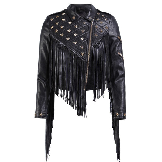 Women's Leather Stud Star Short Lapel Jacket Black