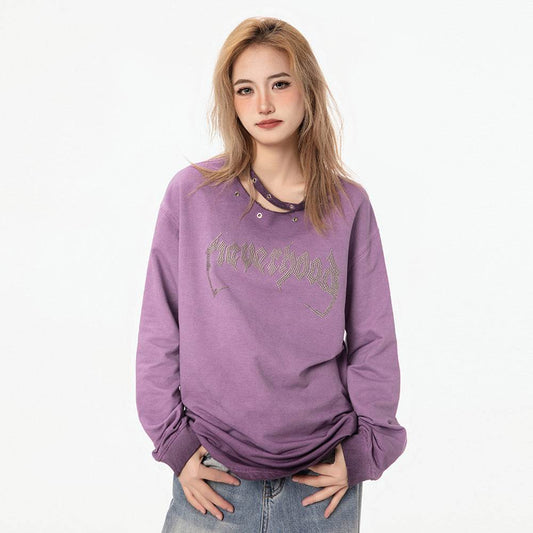 Hollow Round Neck Long Sleeve T-shirt Women MuddyStock
