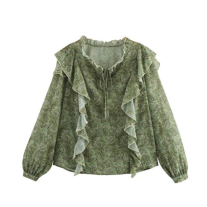 Laminated Decoration Gentle And Stylish Printed Round Neck Shirt Picture Color MuddyStock