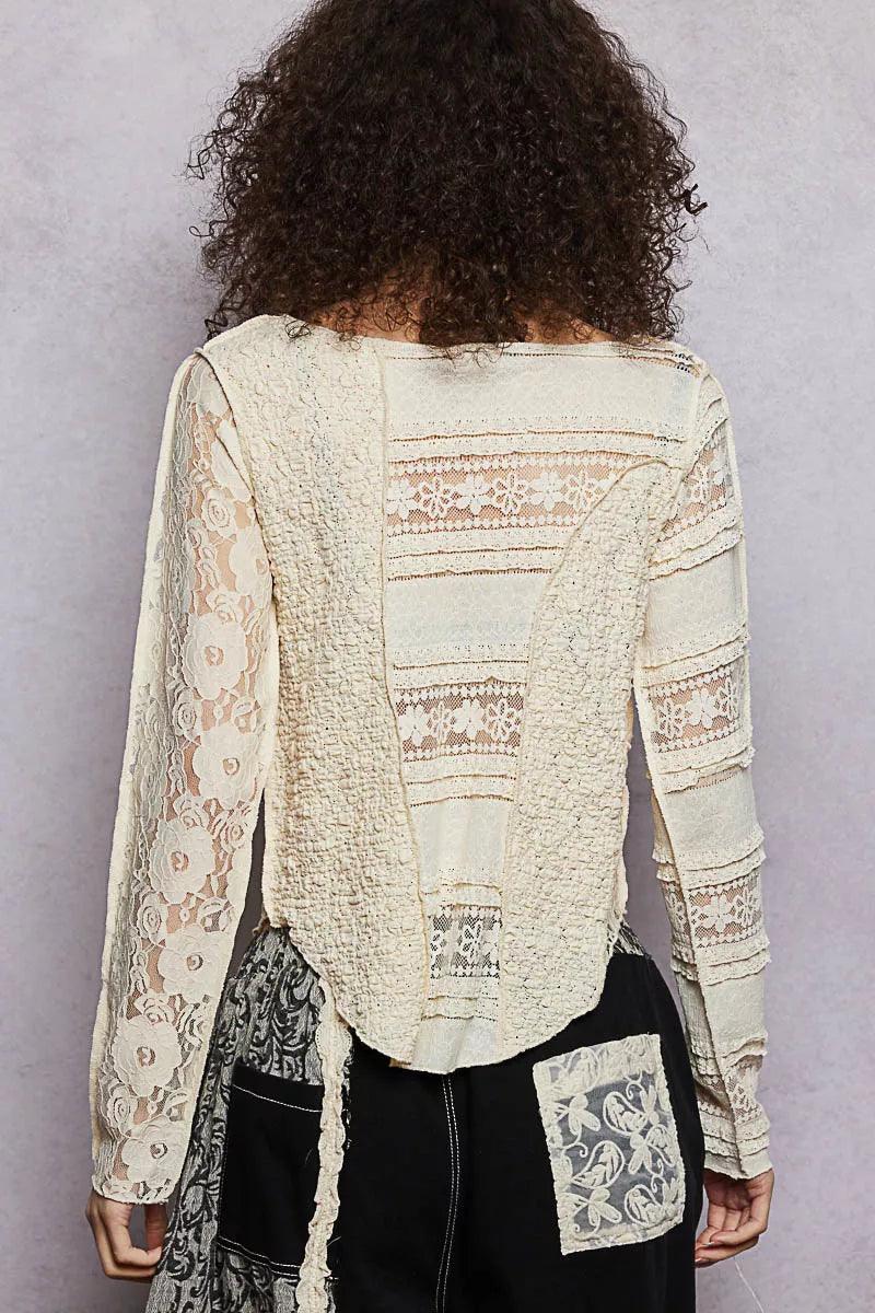 Round Neck Long Sleeve Top with Lace Detail