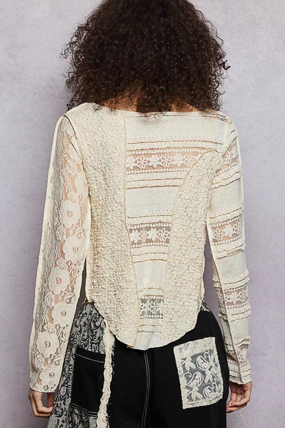 Round Neck Long Sleeve Top with Lace Detail