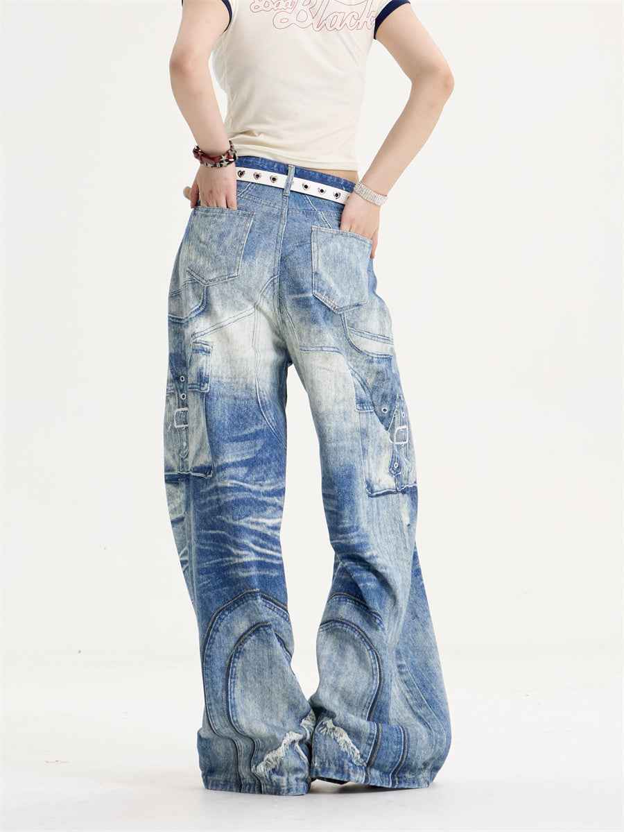 American Retro Printed Wide-leg Jeans For Men And Women MuddyStock