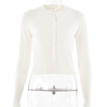 Women's Knitted Long Sleeve Slim Round Neck Top White MuddyStock