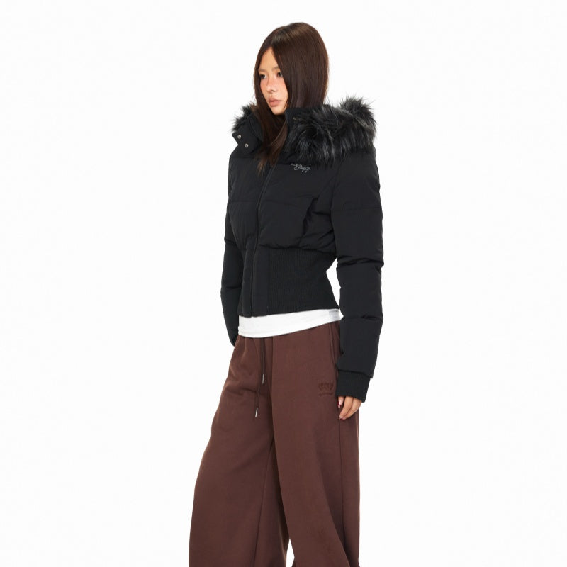 Printed Fur-collar Hooded Jacket For Women
