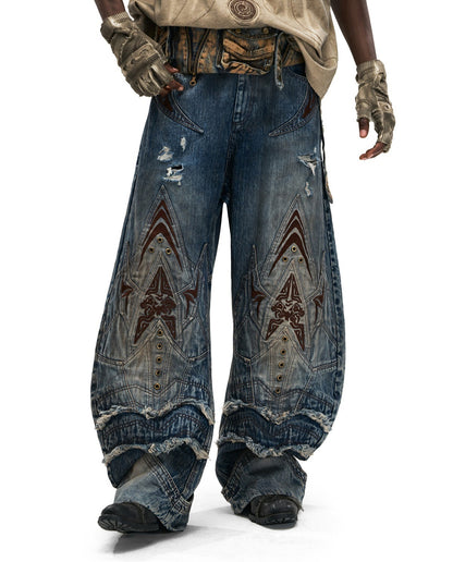 Scale-armor-patterned Bamboo-knot-design Curved-sword Jeans For Men