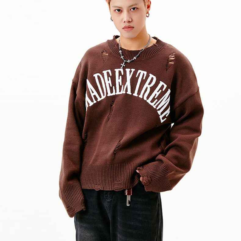 Letter Idle Style Wormhole Damaged Knitted Sweater For Men And Women MuddyStock