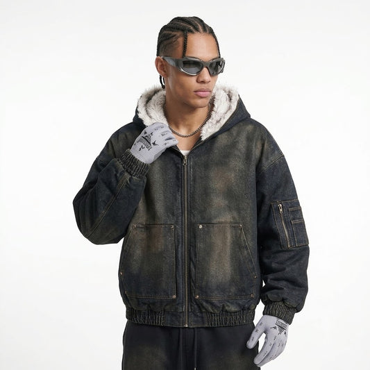 Distressed Washed Fur Collar Fleece Lined Workwear Hoodie For Men | MuddyStock Originals