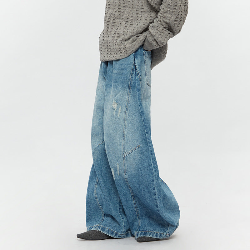 Ripped Denim Jeans Loose Straight-leg Design Couples Wide-leg Style American High-street Pants With A Cool Edgy Vibe Dark Blue MuddyStock