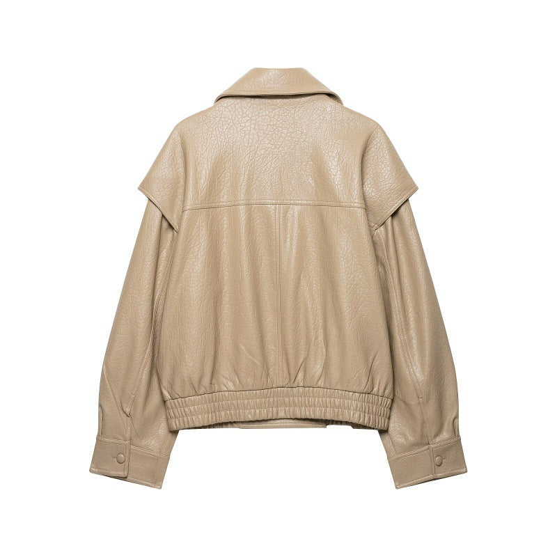Women's Autumn Retro Lychee-Grain Leather Bomber Jacket Coat All Products