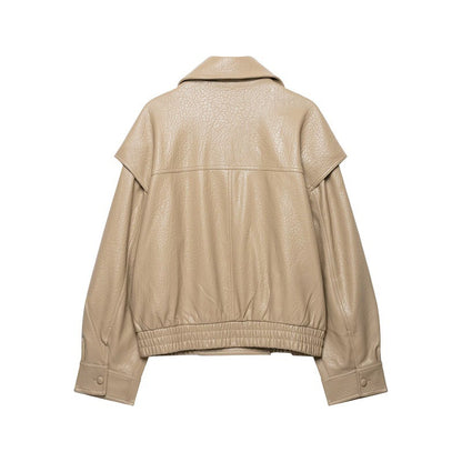 Women's Autumn Retro Lychee-Grain Leather Bomber Jacket Coat All Products