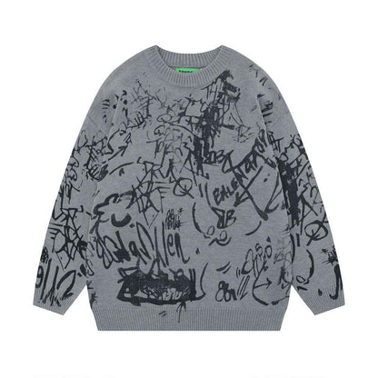 Men's Graffiti Printed Round Neck Sweater Gray MuddyStock null
