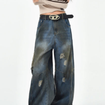 American Retro Washed Ripped Jeans For Women Blue