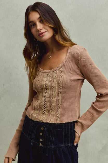 Vintage Washed Lace Crop Thermal Washed Knit Top