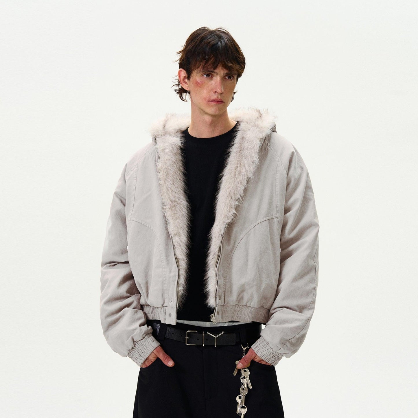 American Retro Niche Deconstructed Patch Fleece Jacket For Men Gray All Products