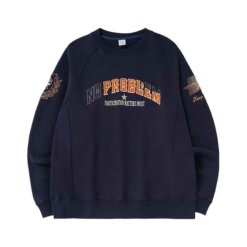 Men's Retro Embroidered Crew Neck Sweater Dark Blue MuddyStock
