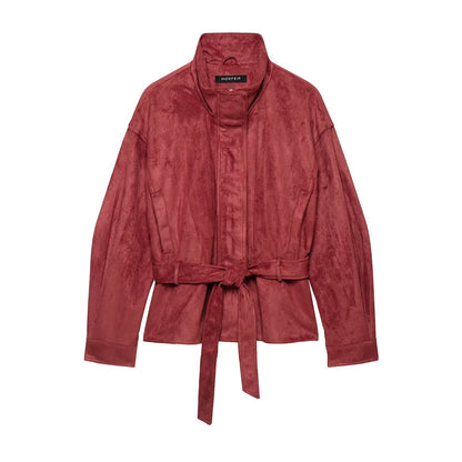 Women's Suede Effect Belt Jacket Coat Red All Products