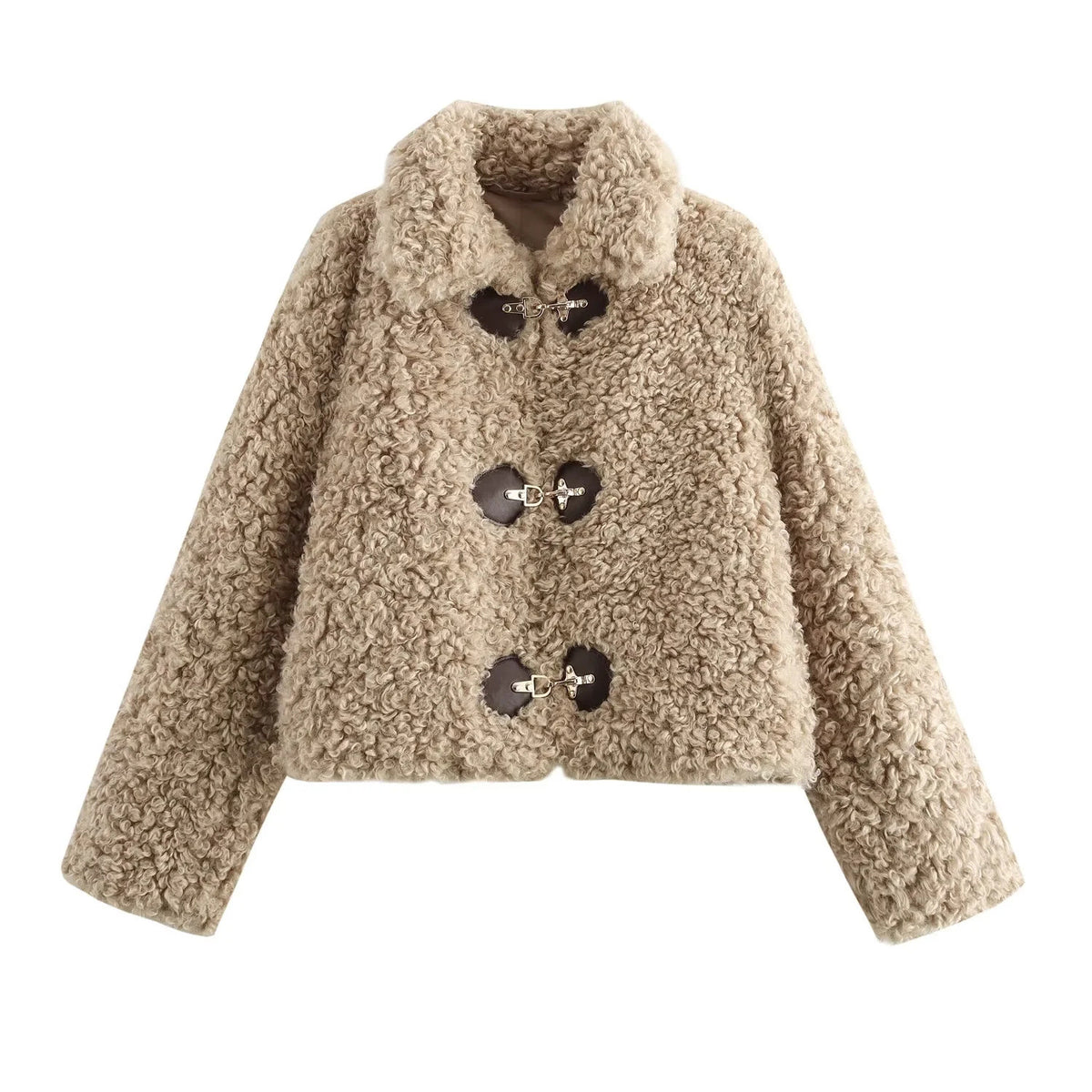 Women's Fashion Polo Collar Long Sleeve Fleece Jacket Dark Khaki Cloth Color All Products