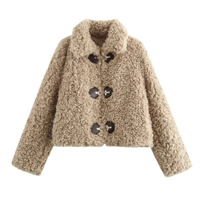 Women's Fashion Polo Collar Long Sleeve Fleece Jacket Dark Khaki Cloth Color All Products