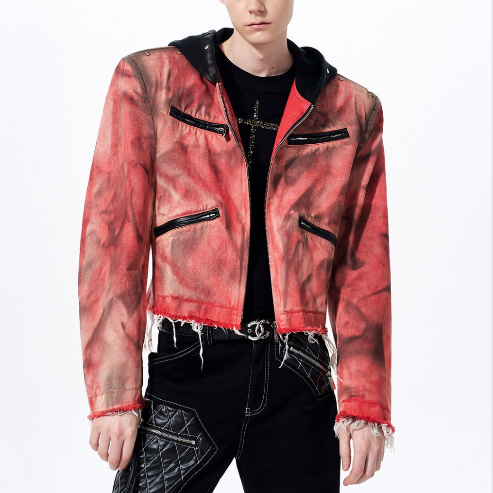 Hand-painted Distressed Hooded Denim Jacket For Men All Products