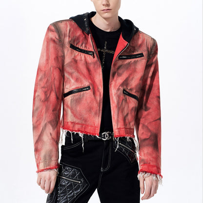 Hand-painted Distressed Hooded Denim Jacket For Men All Products