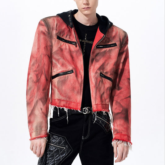 Hand-painted Distressed Hooded Denim Jacket For Men All Products