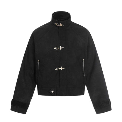 Retro Airplane-buckle Stand-up Collar Short Casual Jacket For Men Black