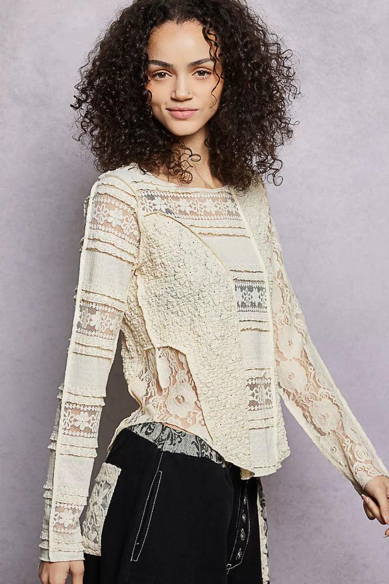 Round Neck Long Sleeve Top with Lace Detail