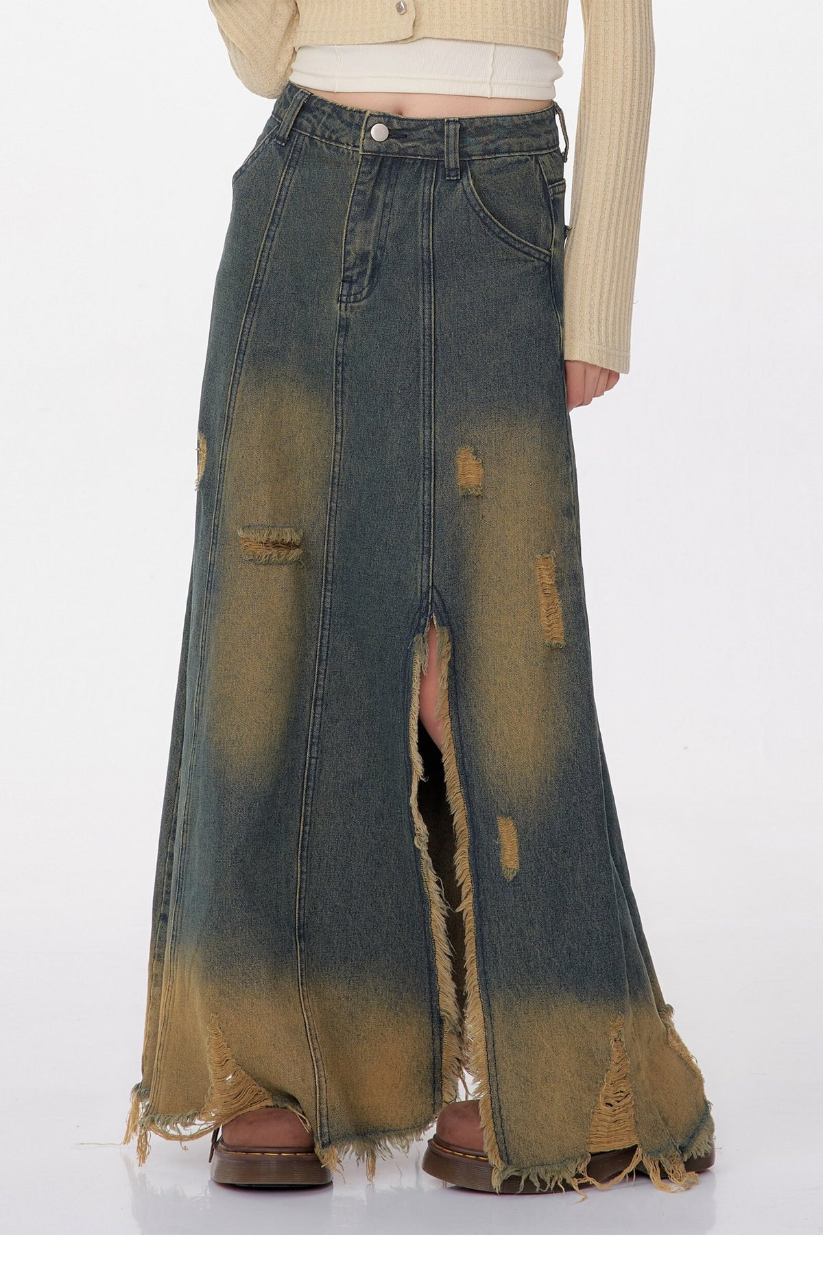High Waist Mid-length Make Old Ripped Split Denim Skirt For Women All Products