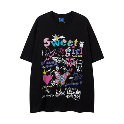 Butterfly Graffiti Printing Short Sleeve For Men And Women Black MuddyStock